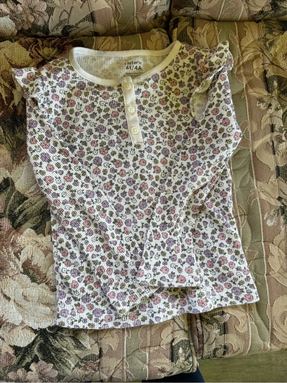 Carter's Cream Henley Top with Purple & Pink Floral Ruffle Shoulders